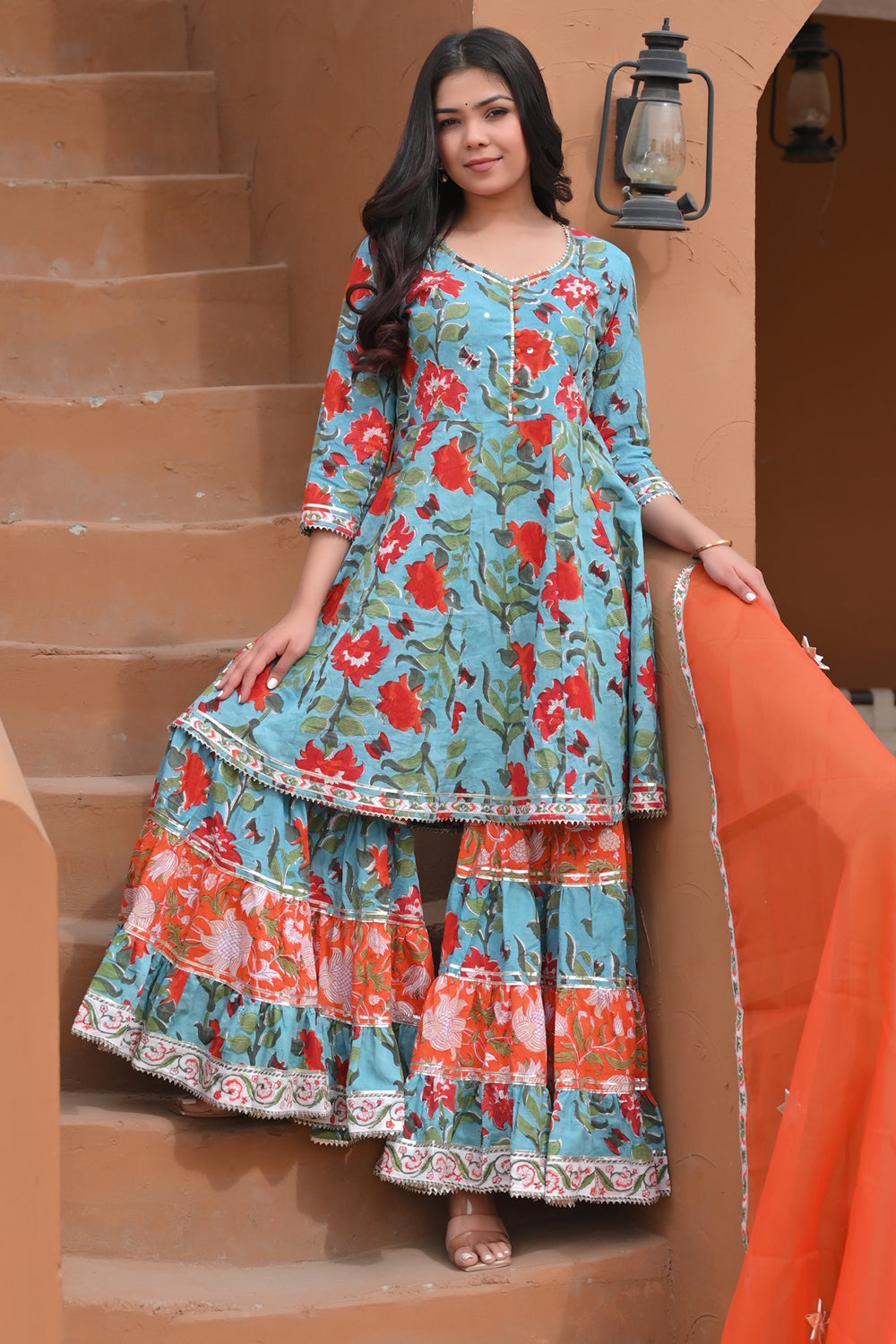Firozi Papaya Kurti and Flair Sharara Cotton Set with Lace detailing border 3 PIece Set | Made To Order