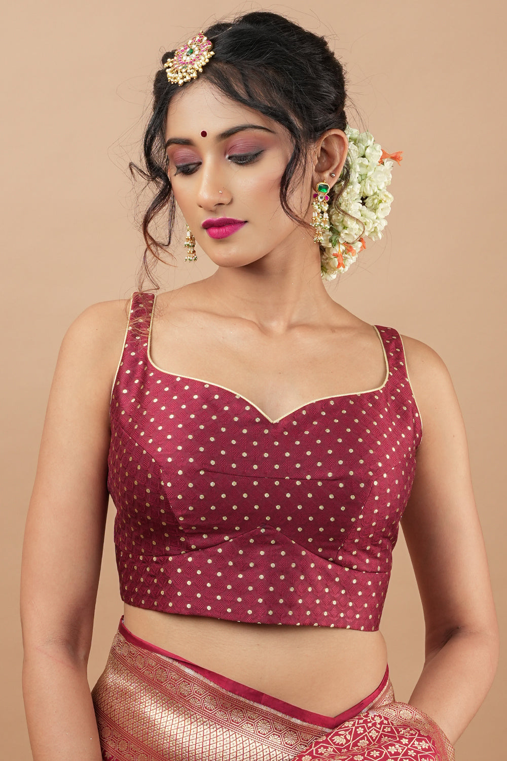 Maroon buti leaf neck sleeveless blouse and square neck back, Made to Order