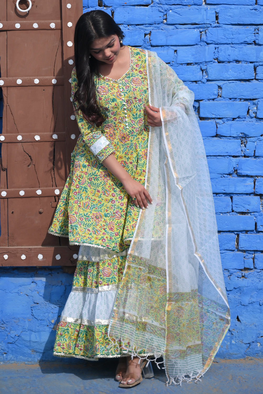 Lime Lotus Kurti and flair Sharara Cotton Set with Lace detailing border| Made To Order