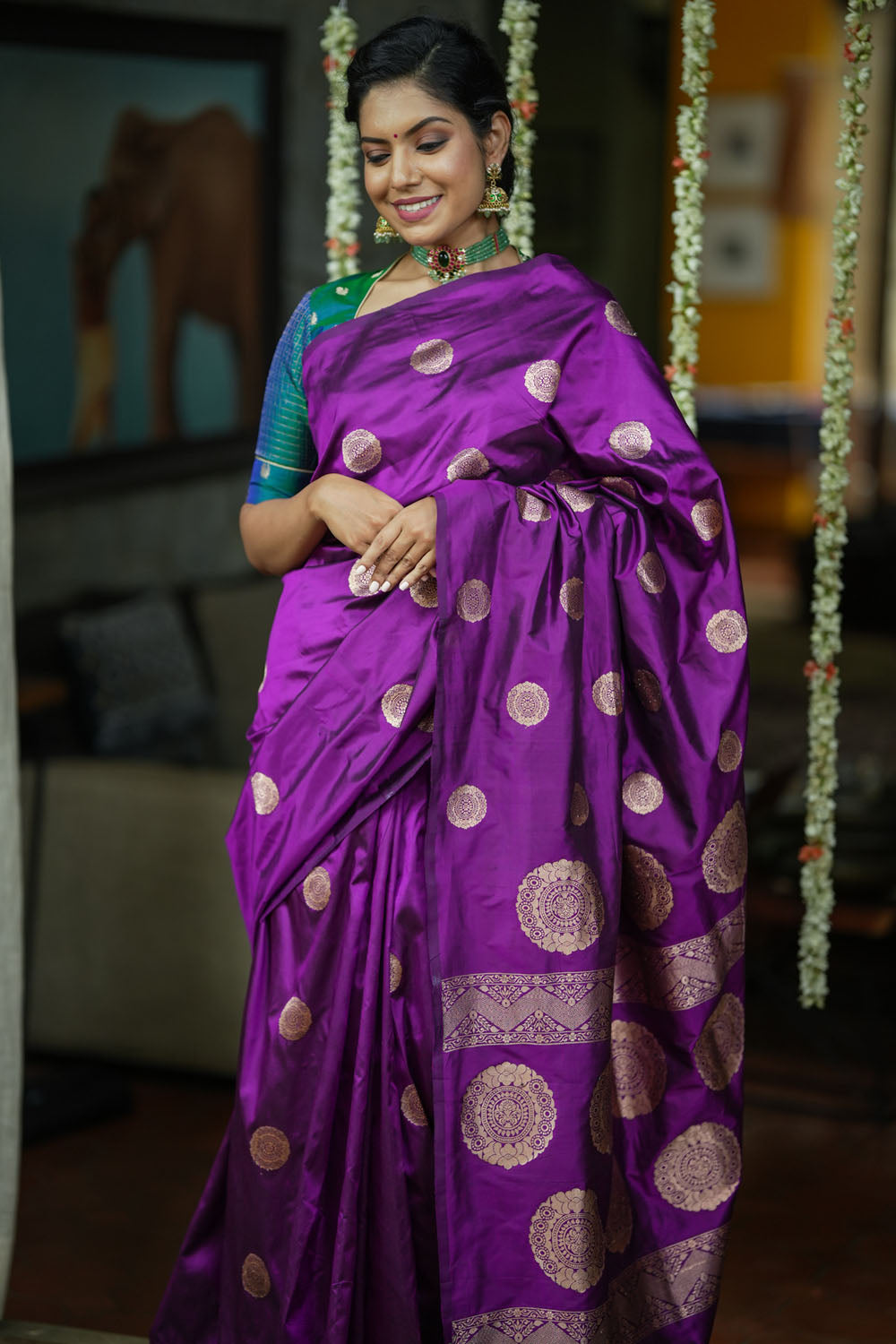 Borderless Banarasi Pure Katan Silk Saree in Purple with mandala motifs | SILK MARK CERTIFIED