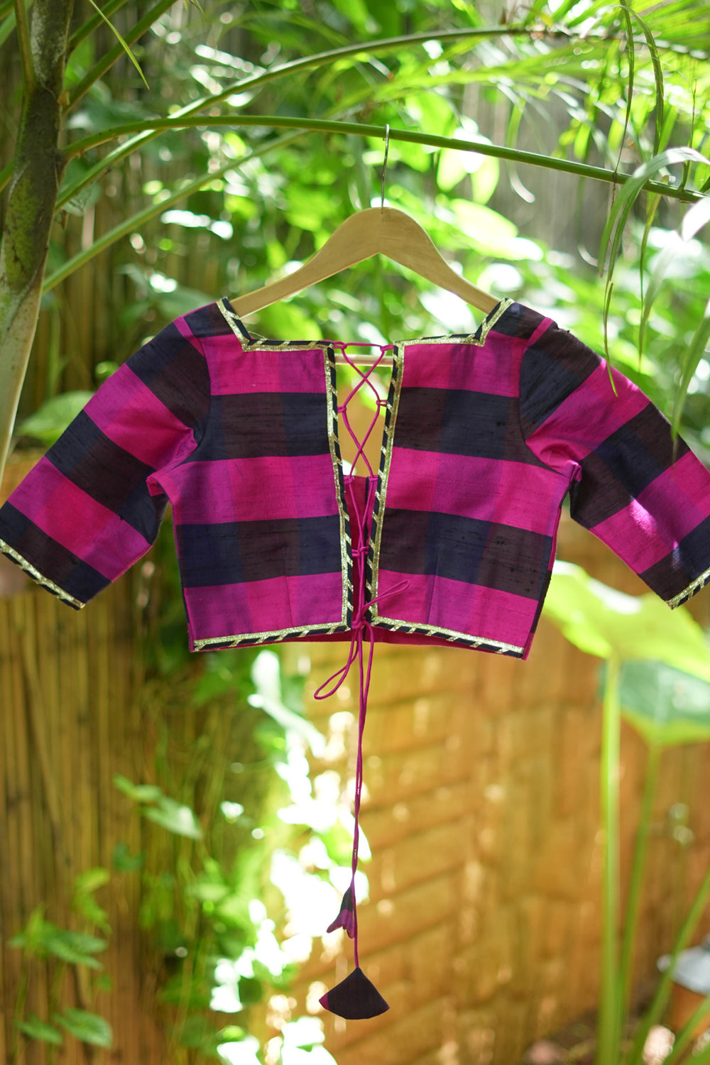 Navy blue, Pink checked Pure rawsilk with crisscross tie