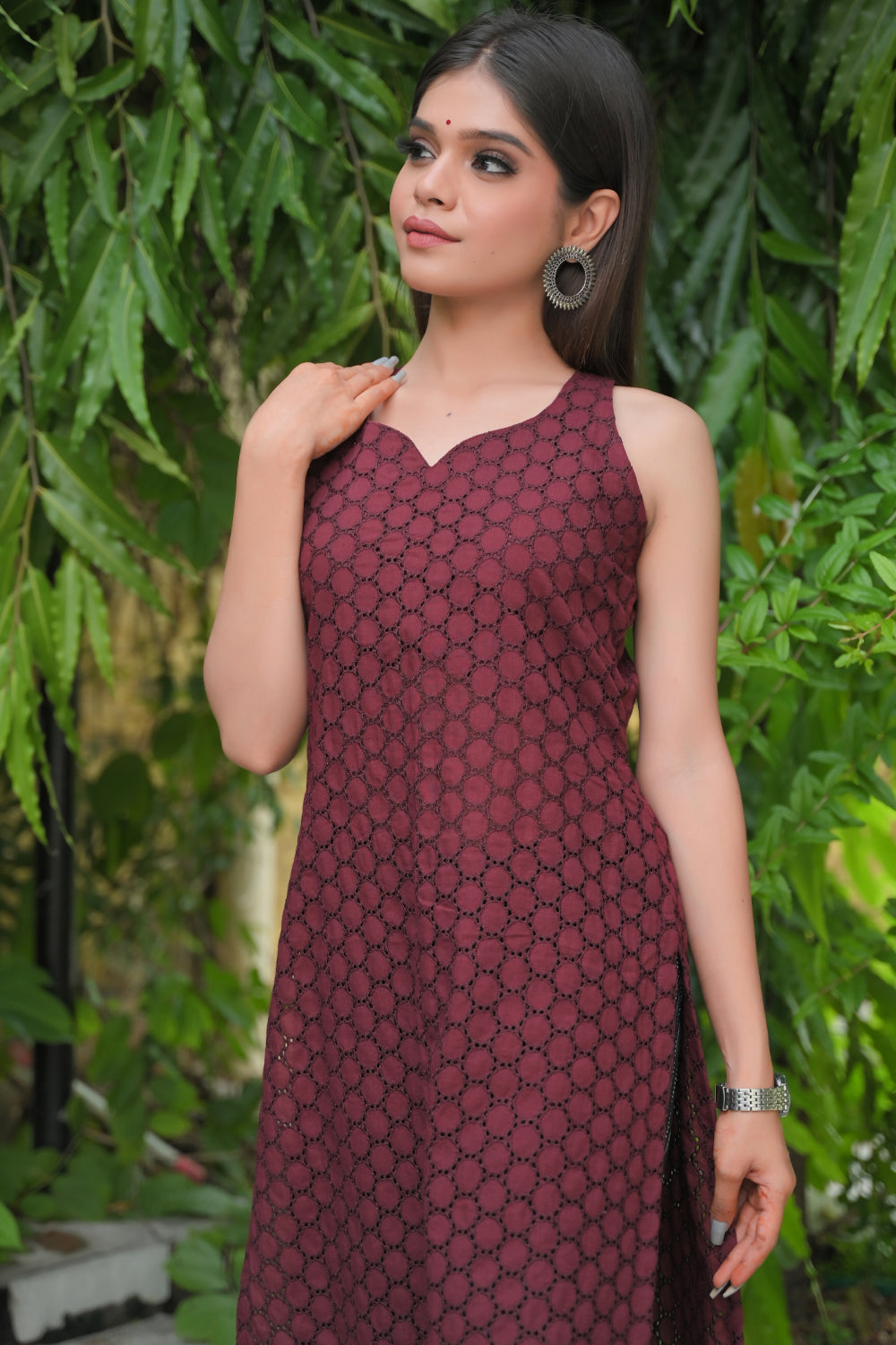 Aadhya : Maroon Hakoba and Black Cotton Kurti and Ankle Length Pant - 2 piece Indo Western Set | Made To Order