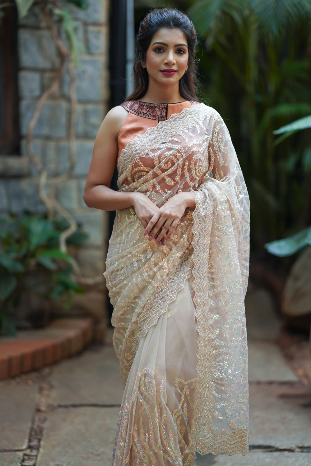 Champagne Color Sequin on Net Saree with Swirl design