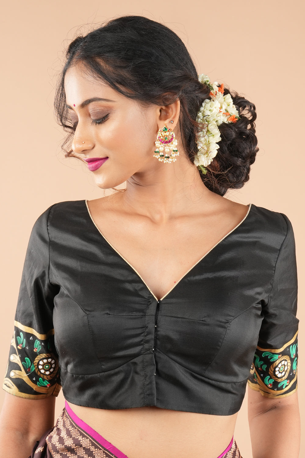 Tanjore Parrots - pure Silk blouse with Tanjore Style Hand painting, Color Customizable.