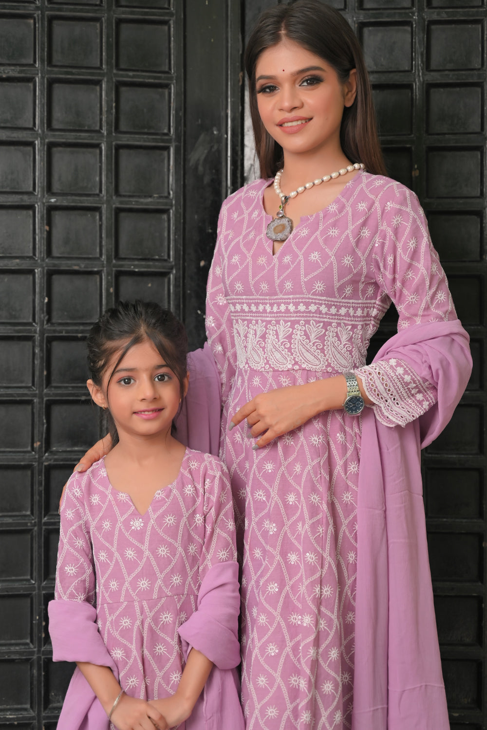 Orchid Chikankari Style Anarkali 3 PIece Set for Women, Kid Twinning option available | Made To Order