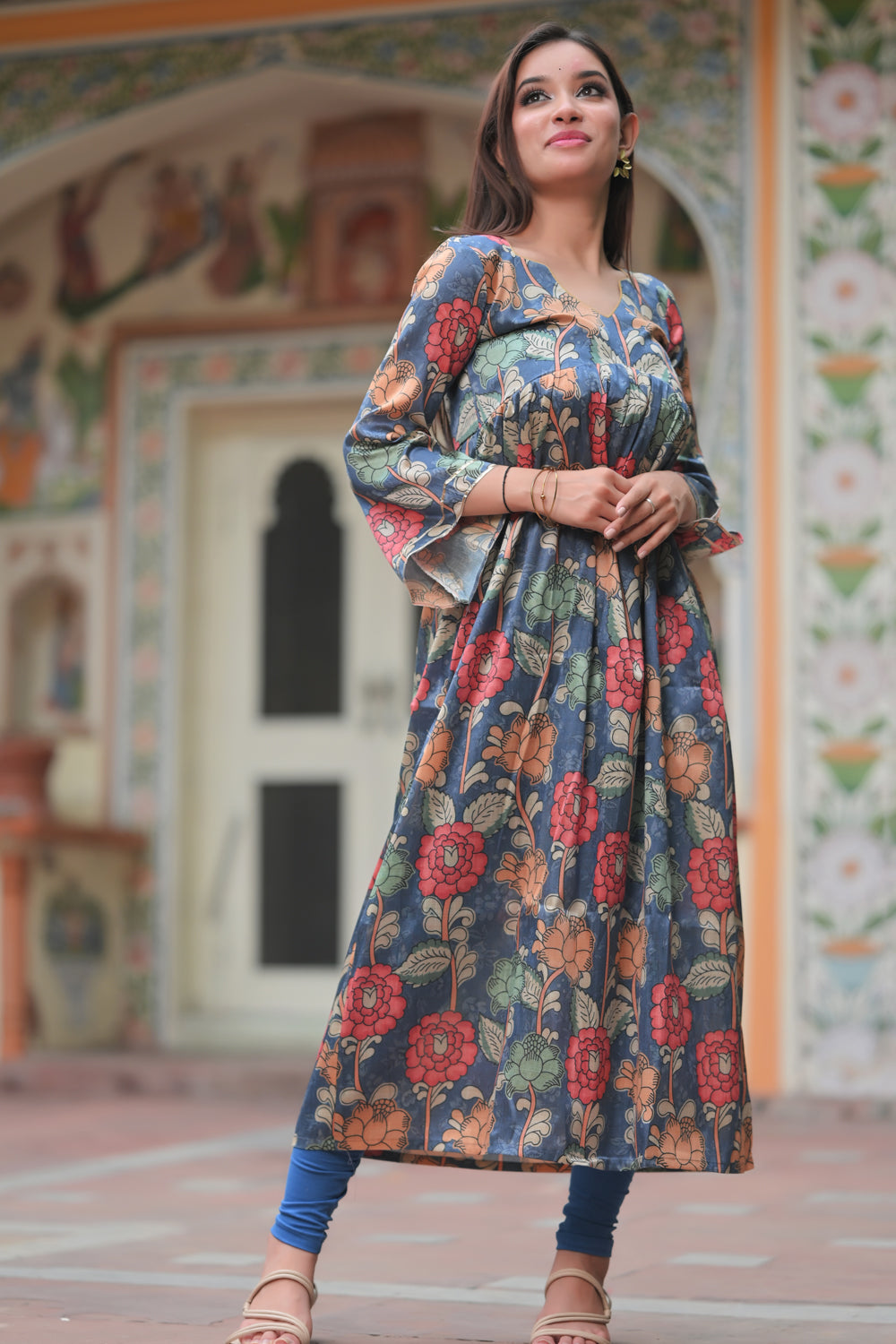 Neelam - Blue Kalamkari print fish tail yoke Kurti and Leggings - 2 piece set | Made To Order