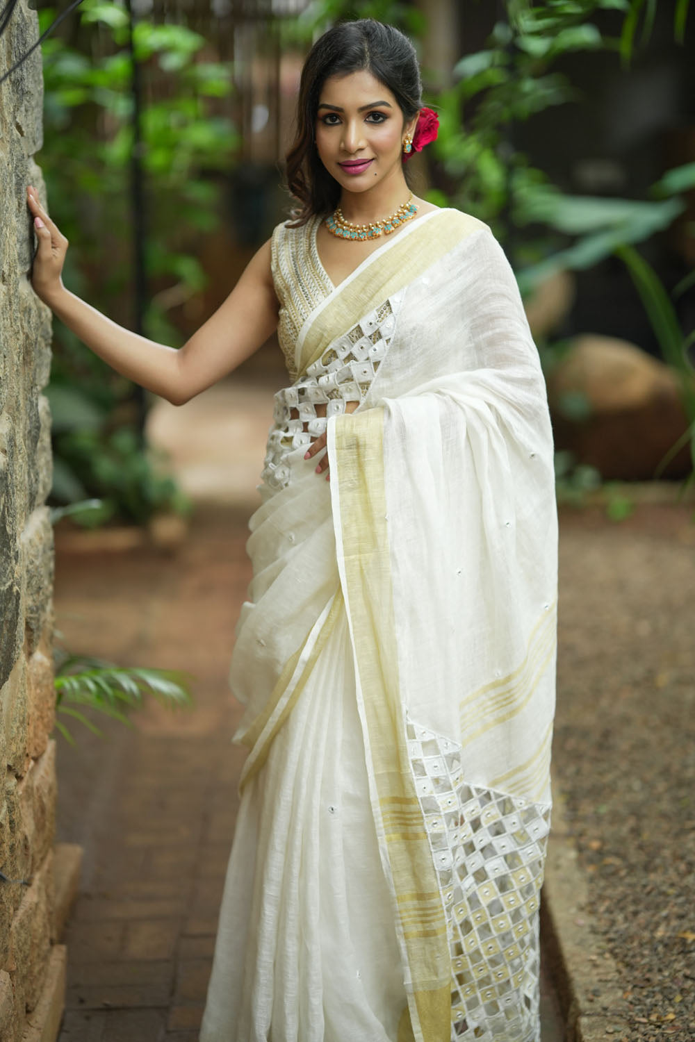 Cutwork and Mirror Work Linen  Saree in Chalk White