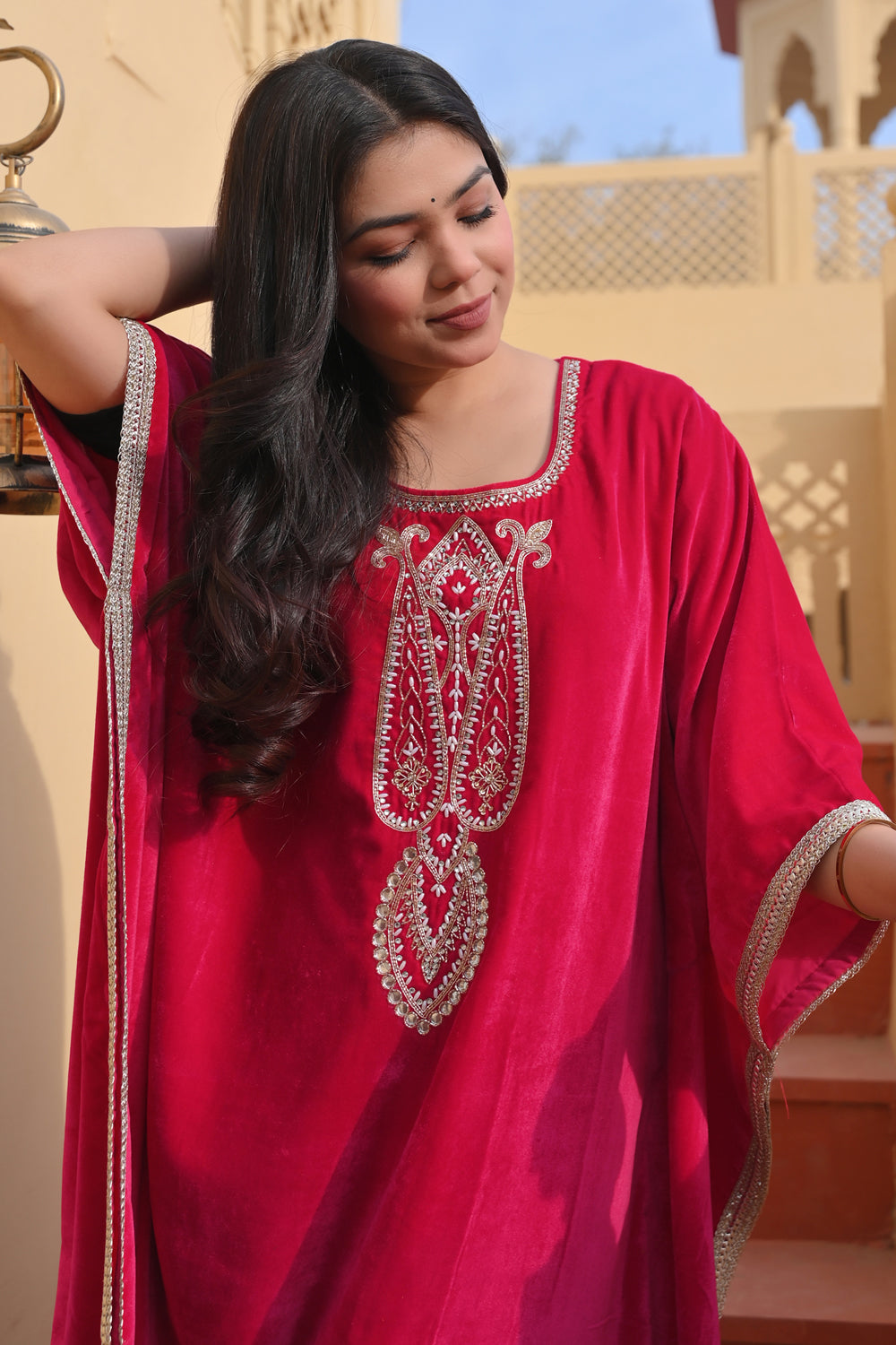 Mumtaz Velvet Kaftan in Rani Pink with Handwork on Yoke | Made To Order