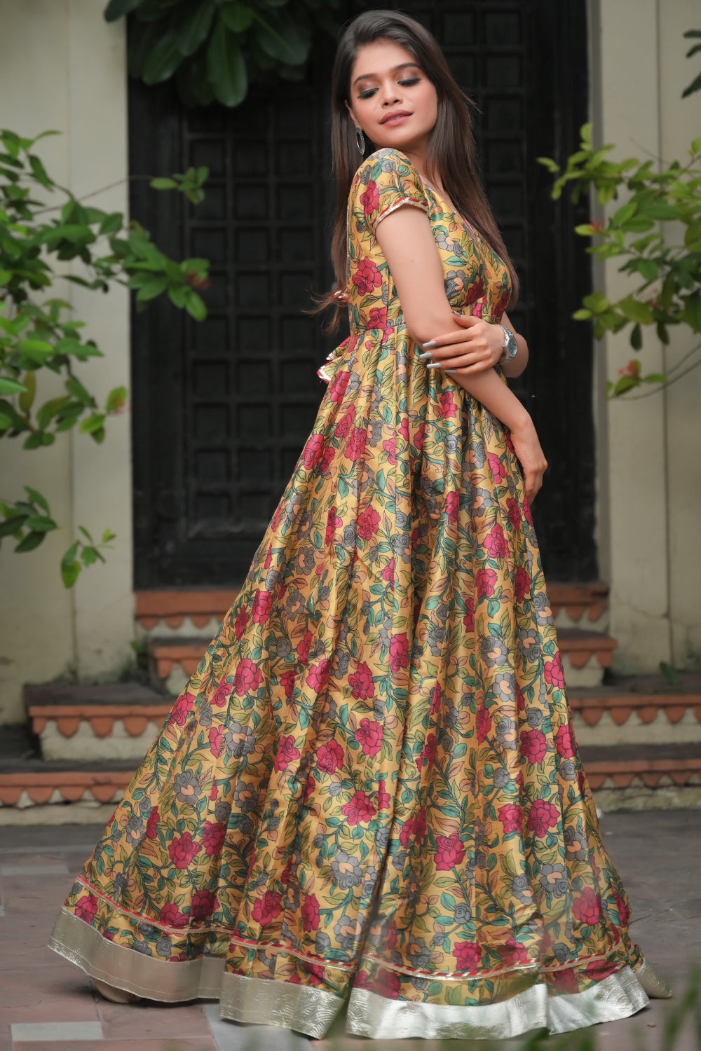 Sunehri- Mega Flare Kalamkari Print Viscose Dupion 3 PIece Anarkali Set | Made To Order