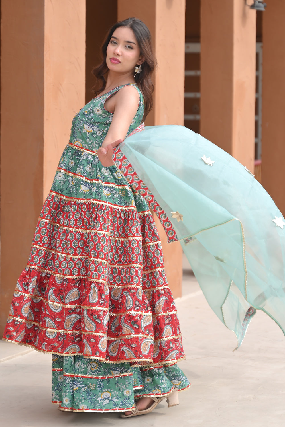 Veda Red Teal Kurta Gharara 3 piece set | Made To Order