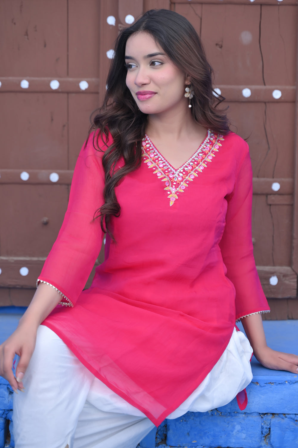 Alia Organza Rani Kurta Set in Rani pink with White Muslin Dhoti Pants