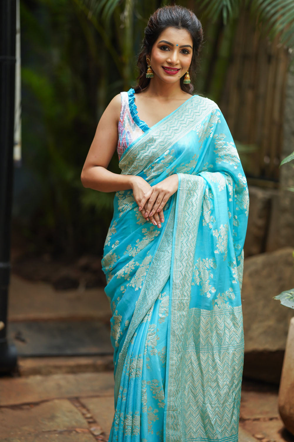 Turquoise Pure Silk Georgette Saree with Rose Jaal | SILK MARK CERTIFIED