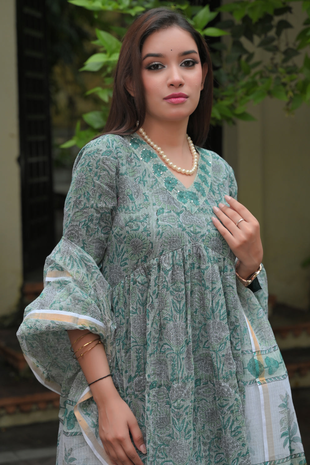 Dahlia Kota Doria 3 piece Suit in shades of green | Made To Order