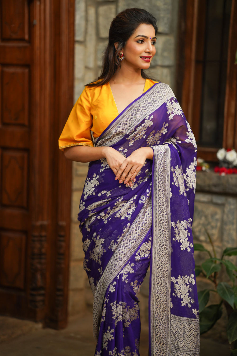 Purple Pure Silk Georgette Saree with Rose Jaal | SILK MARK CERTIFIED