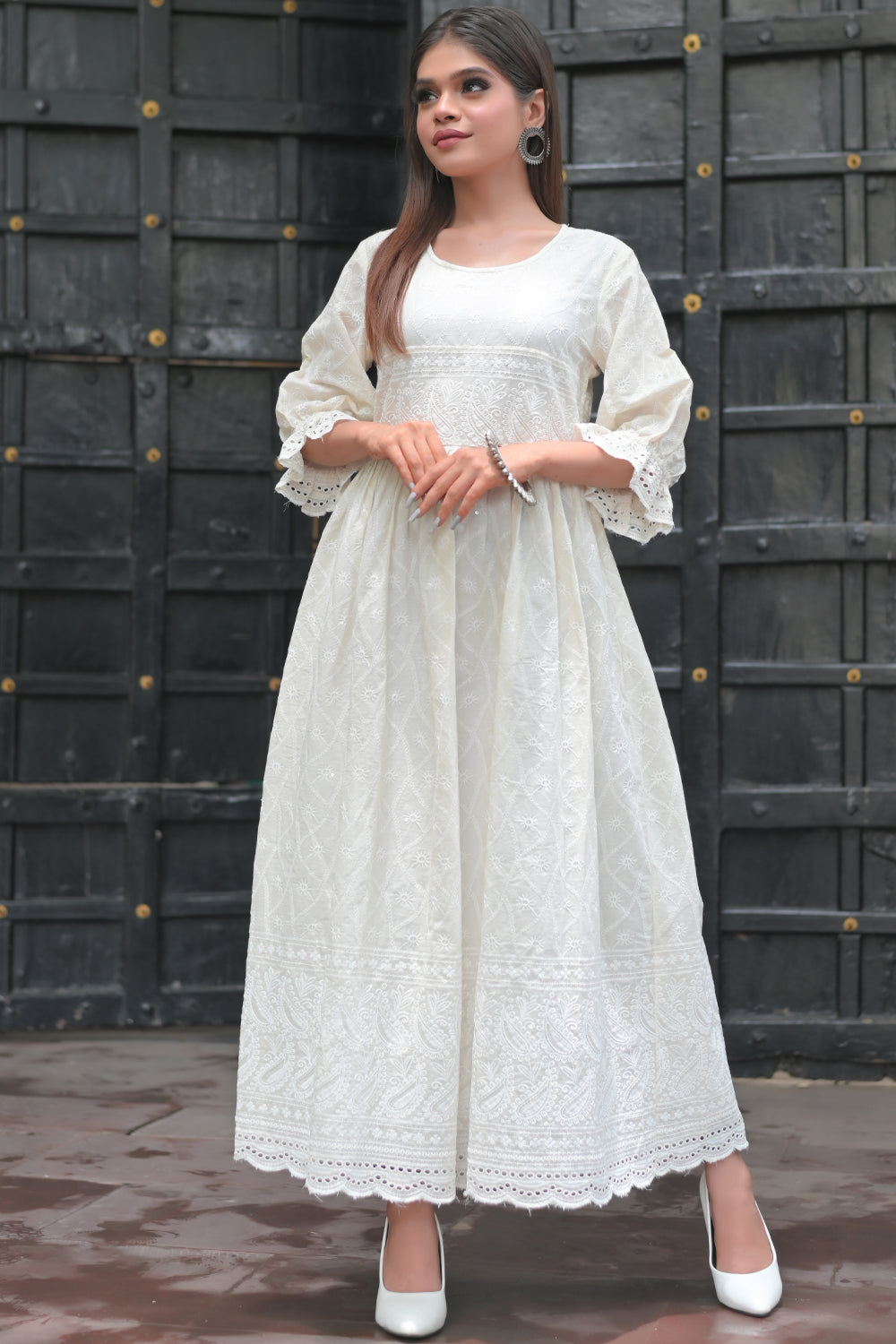 Sea Shell Chikankari Style Dress with Puff Sleeves and Eyelet Border | Made To Order