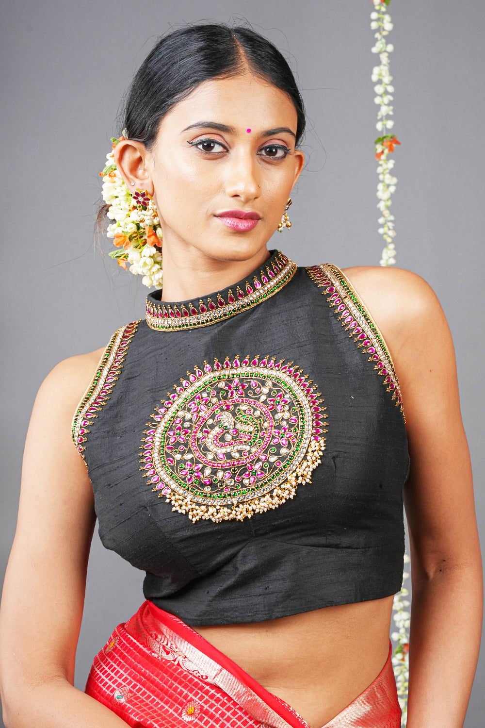 Statement Black Halter Neck Pure Raw Silk Blouse with Kemp Handwork Mandala, Made to Order