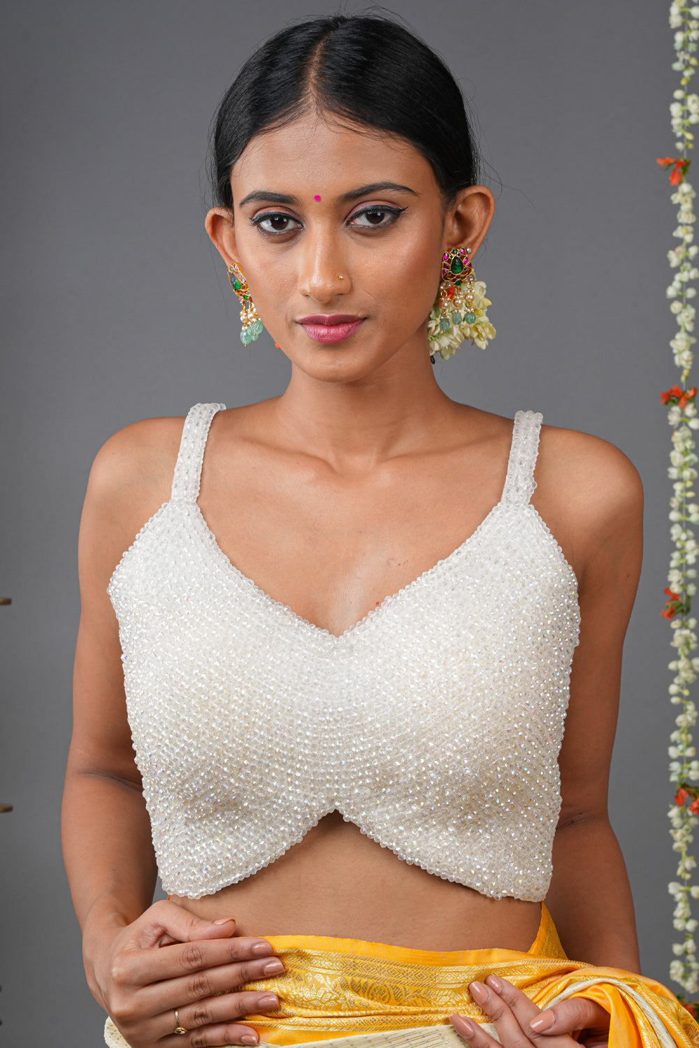 White translucent embedded beads strappy blouse