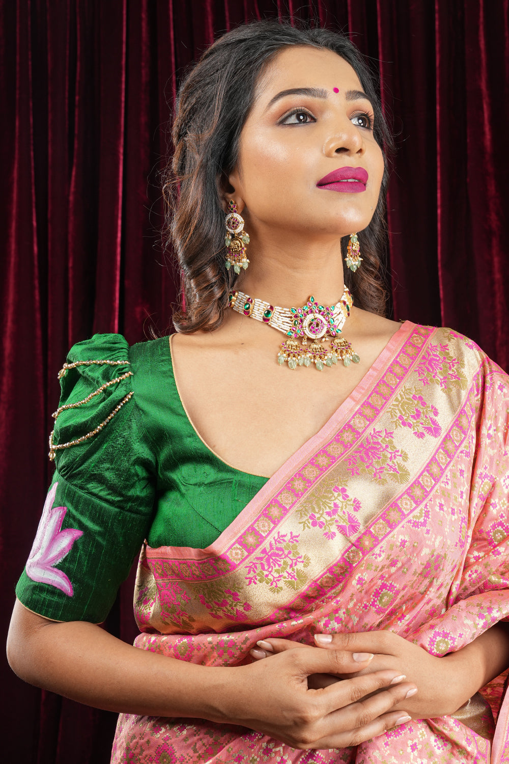 Exquisite Lakshmi Handpainted Blouse on Green Pure Raw Silk with Puff Sleeves and Crystal detailing
