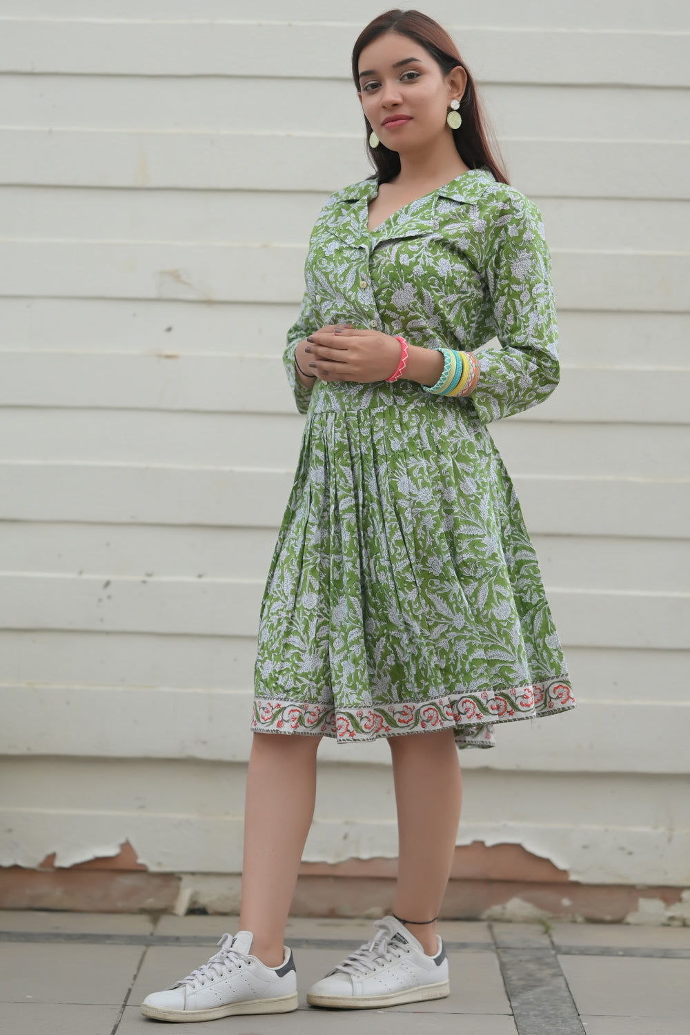 Bahara Brunch Dress in Leaf Green in Handblock printed cotton | Made to order