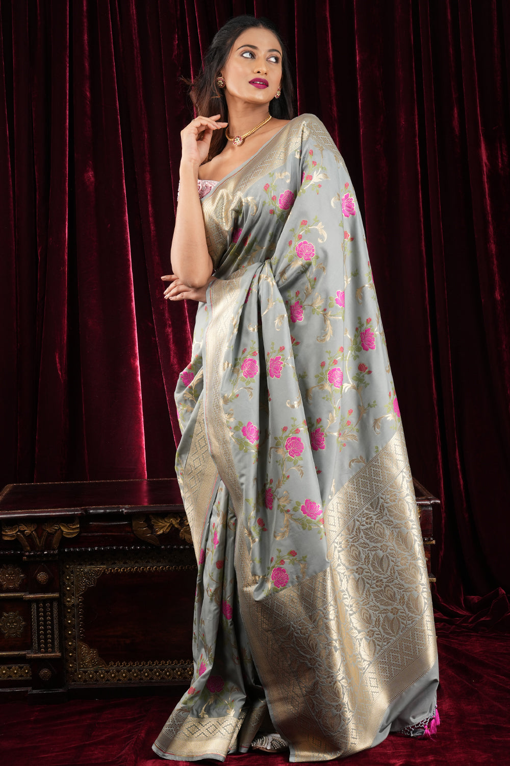 Gray tone Exquisite Meenakari Rose Jaal Semi Silk Saree and zari border