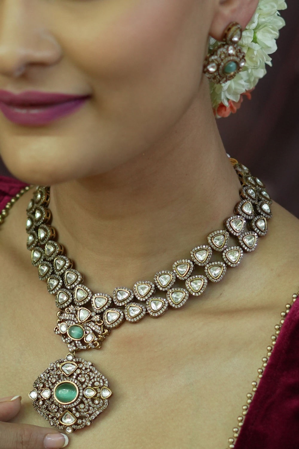 Classic Victorian Design Stone Studded Necklace Set with White and Green Stones