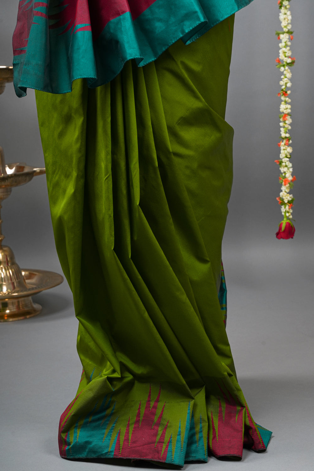 Sap Green Tone and Two Color Temple Border on Art Silk Saree With Double color Indian kotki design Pallu
