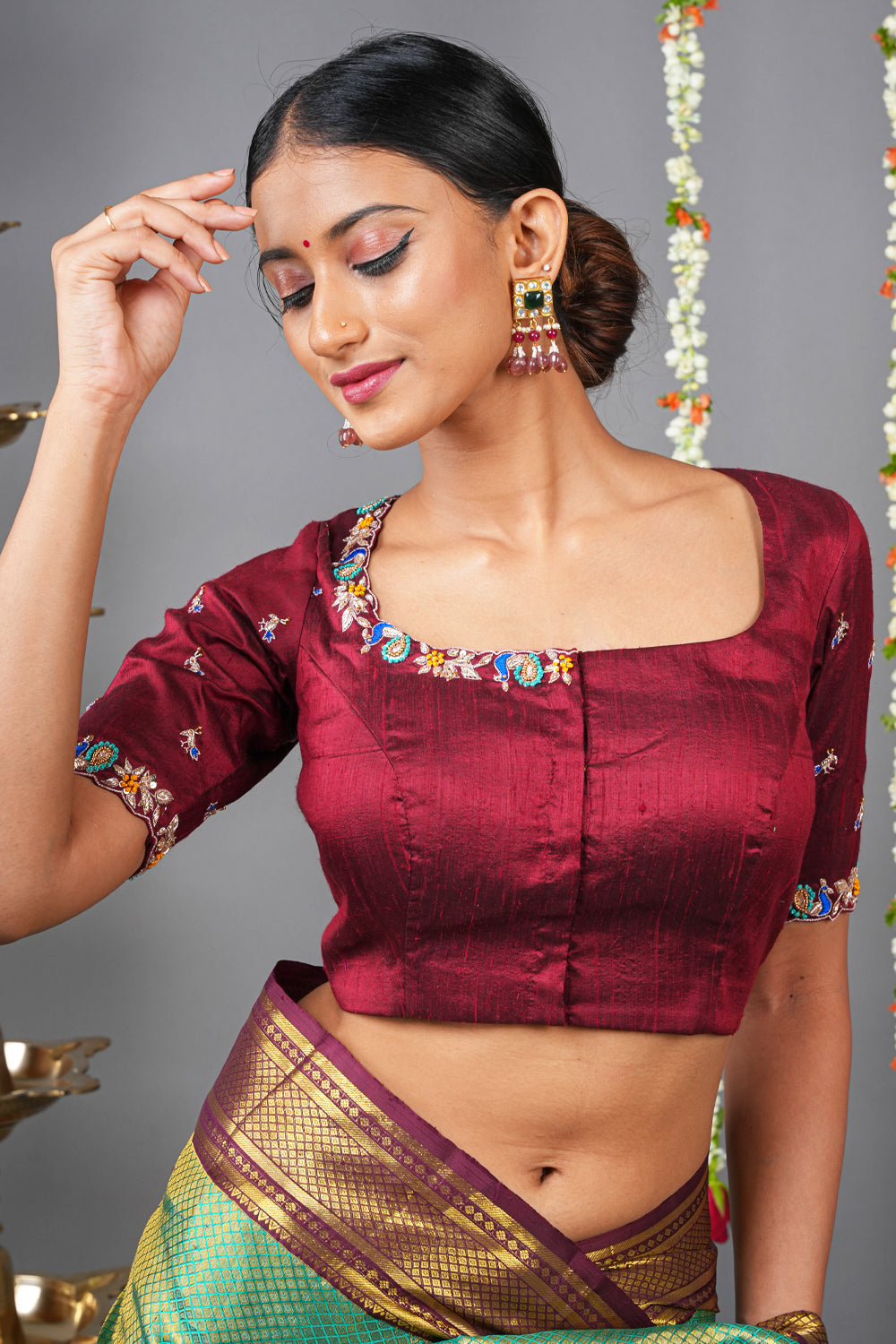 Maroon pure raw silk meenakari and zardosi peacock design square neck blouse