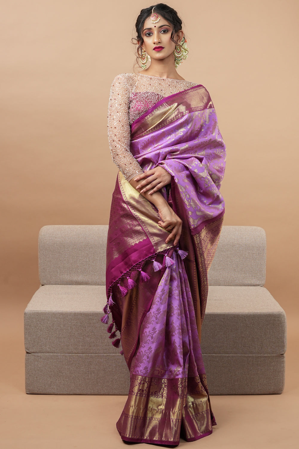 Brocade Kanjivaram Pure Silk Saree in Lilac and Purple with Peacock Leheria design | SILK MARK CERTIFIED