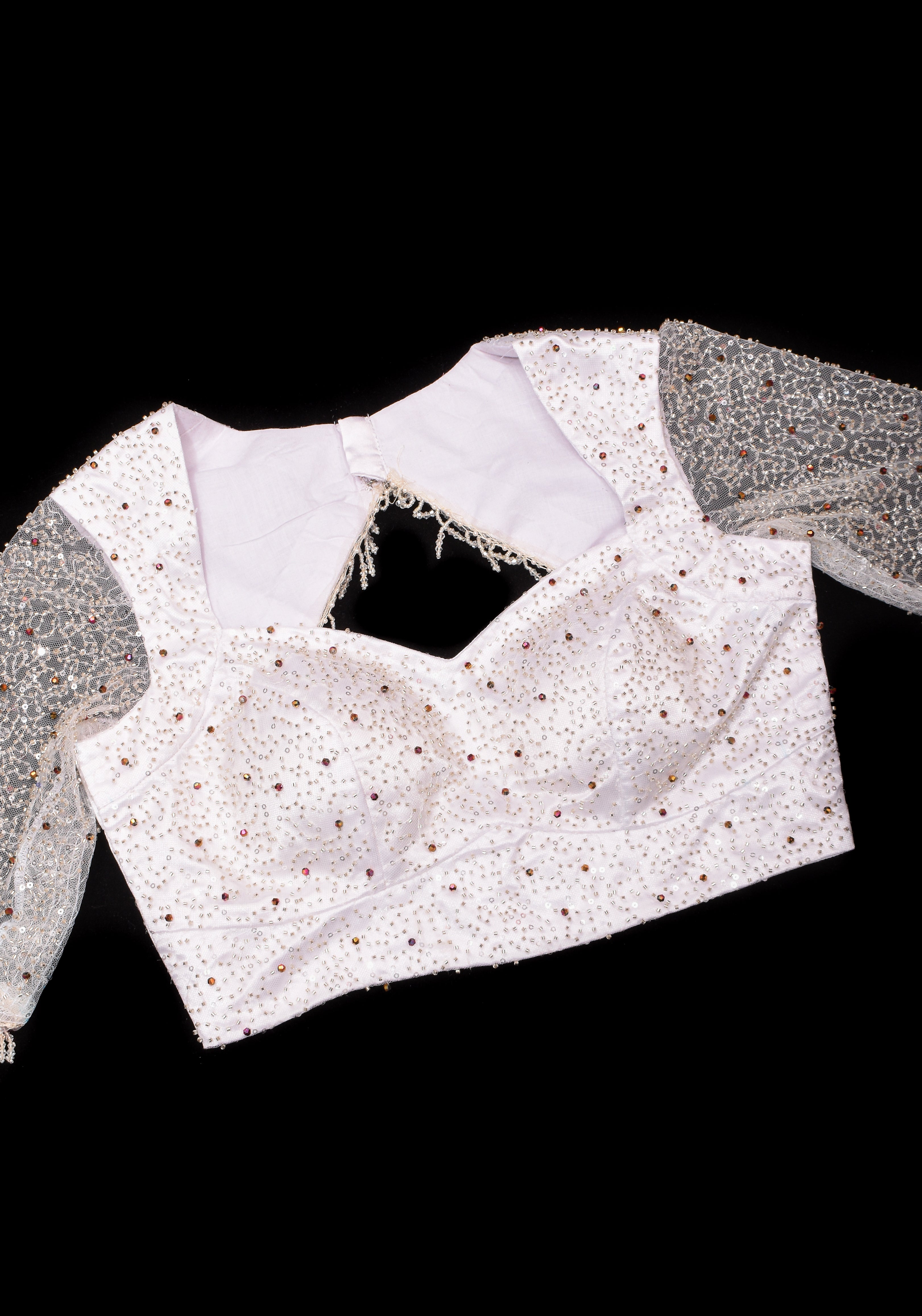 White Blouse with Beaded Detailing and Sheer Sleeves, Customizable, Made to Order