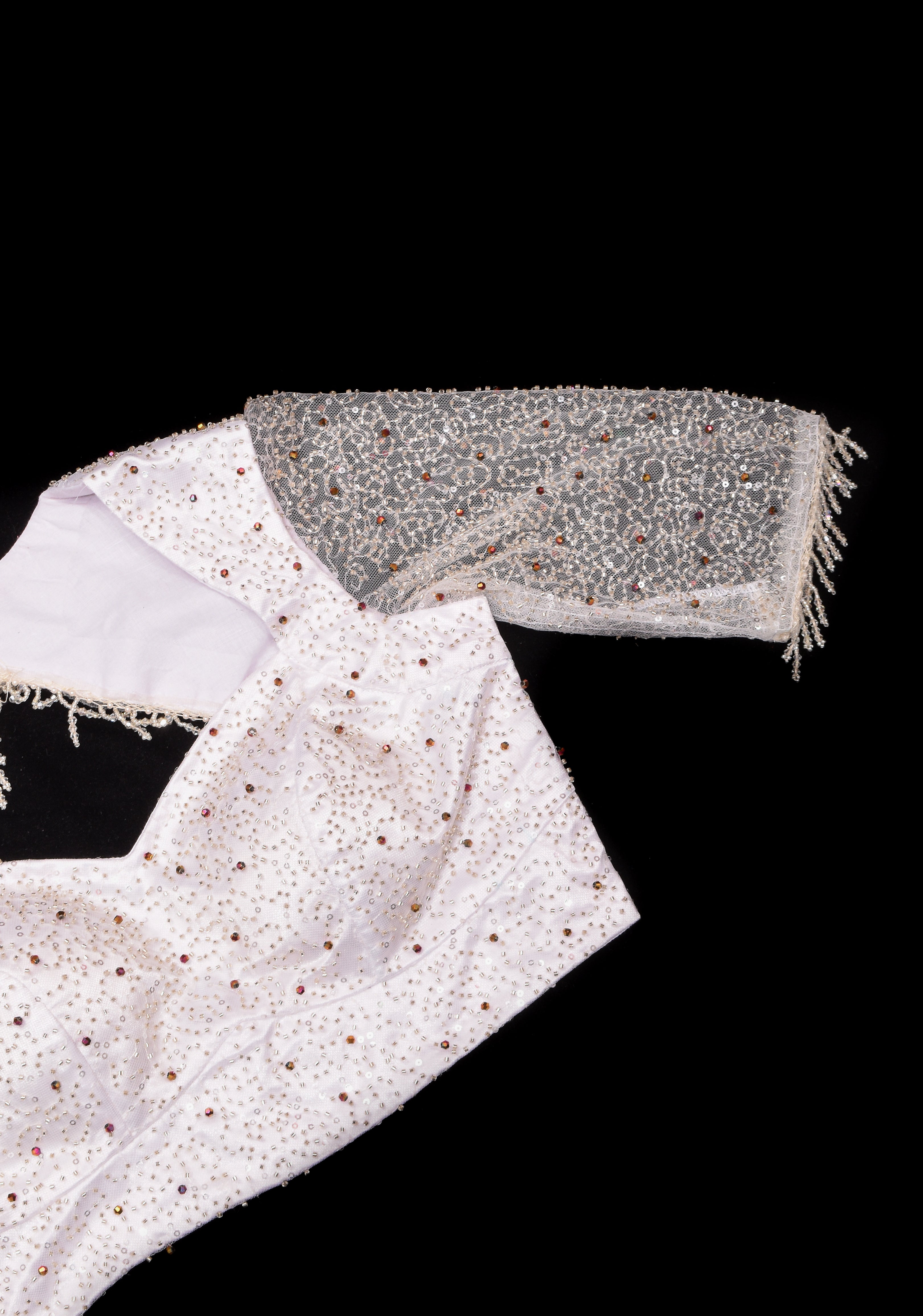 White Blouse with Beaded Detailing and Sheer Sleeves, Customizable, Made to Order