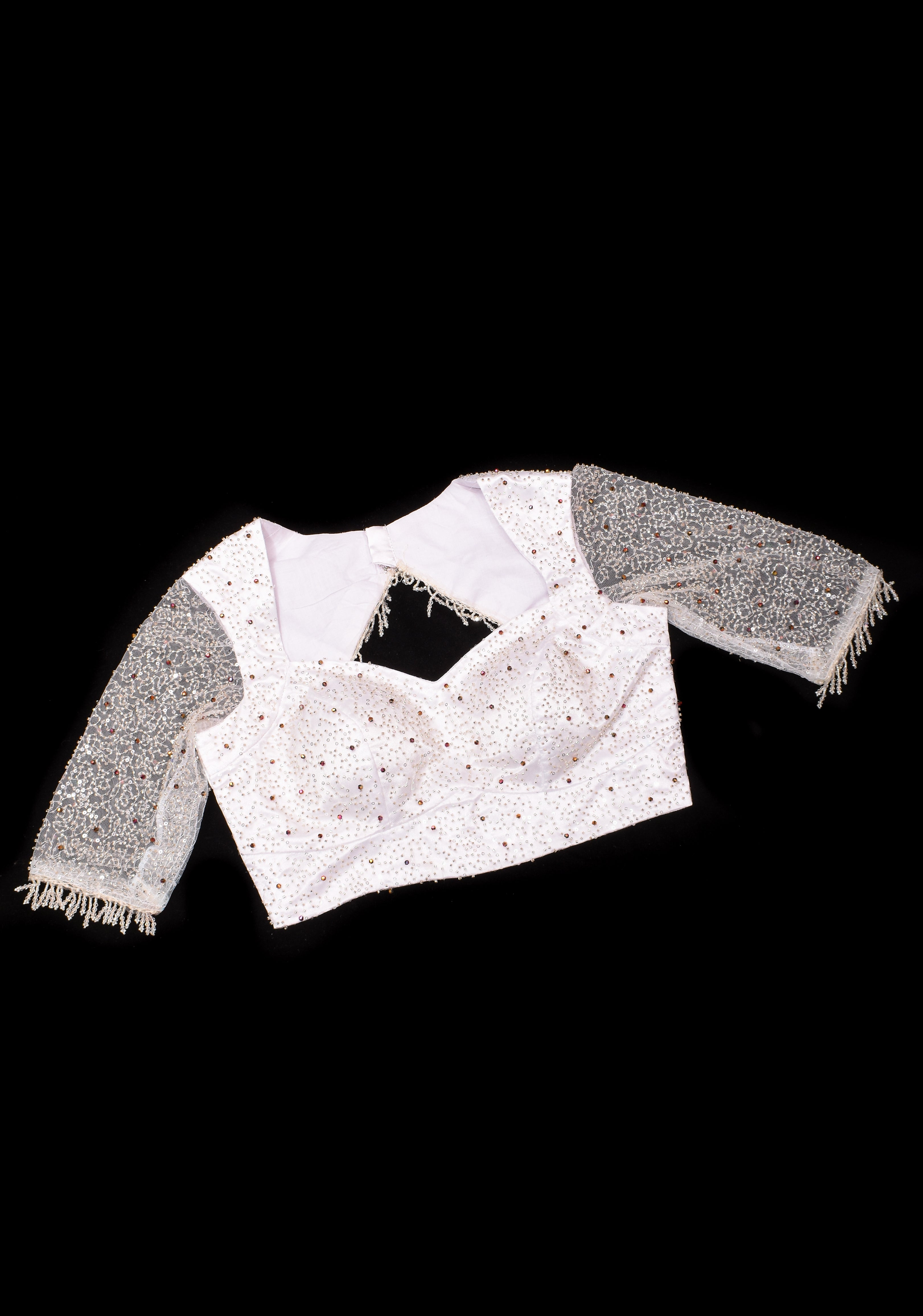 White Blouse with Beaded Detailing and Sheer Sleeves, Customizable, Made to Order