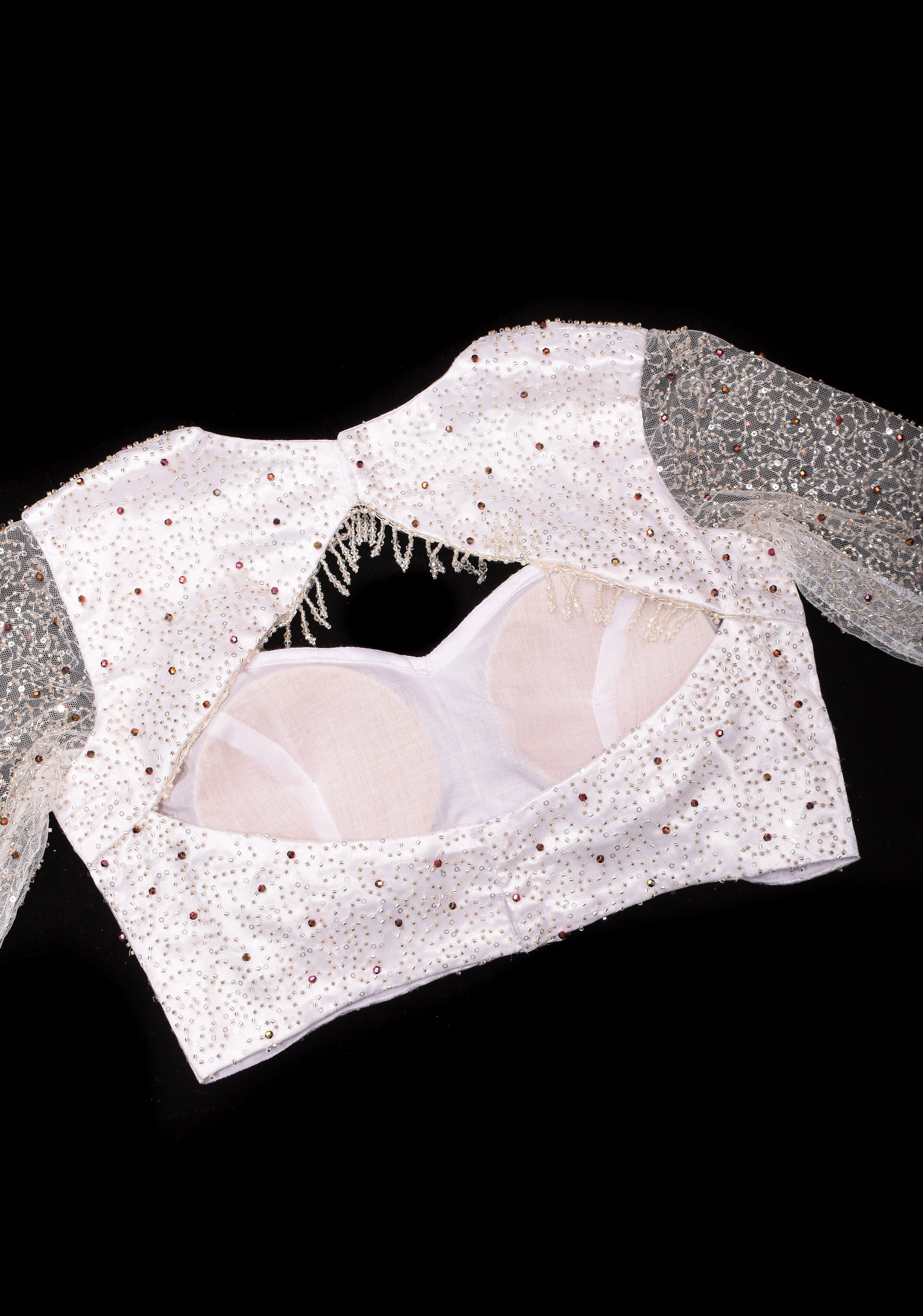 White Blouse with Beaded Detailing and Sheer Sleeves, Customizable, Made to Order