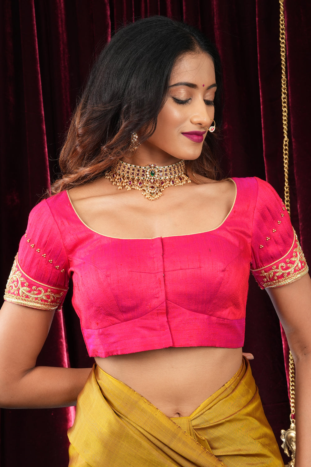 Hot pink pure rawsilk blouse with puff sleeves and zardosi detailing