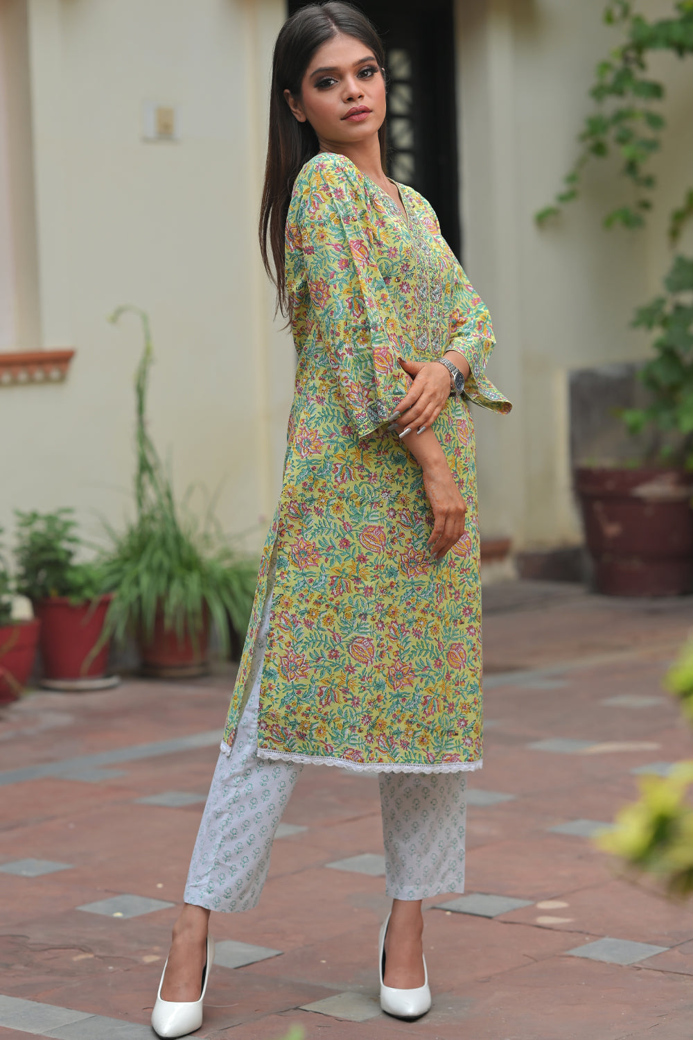 Aarzoo Lime 3 piece Suit with Kota doria Dupatta | Made To Order