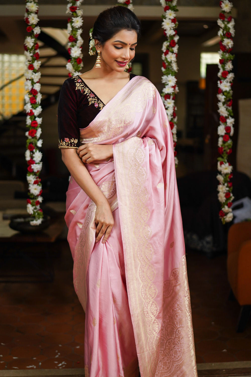 Banarasi Mashru Silk Saree in Pink & Gold with Zari Buttas & Scalloped border | SILK MARK CERTIFIED