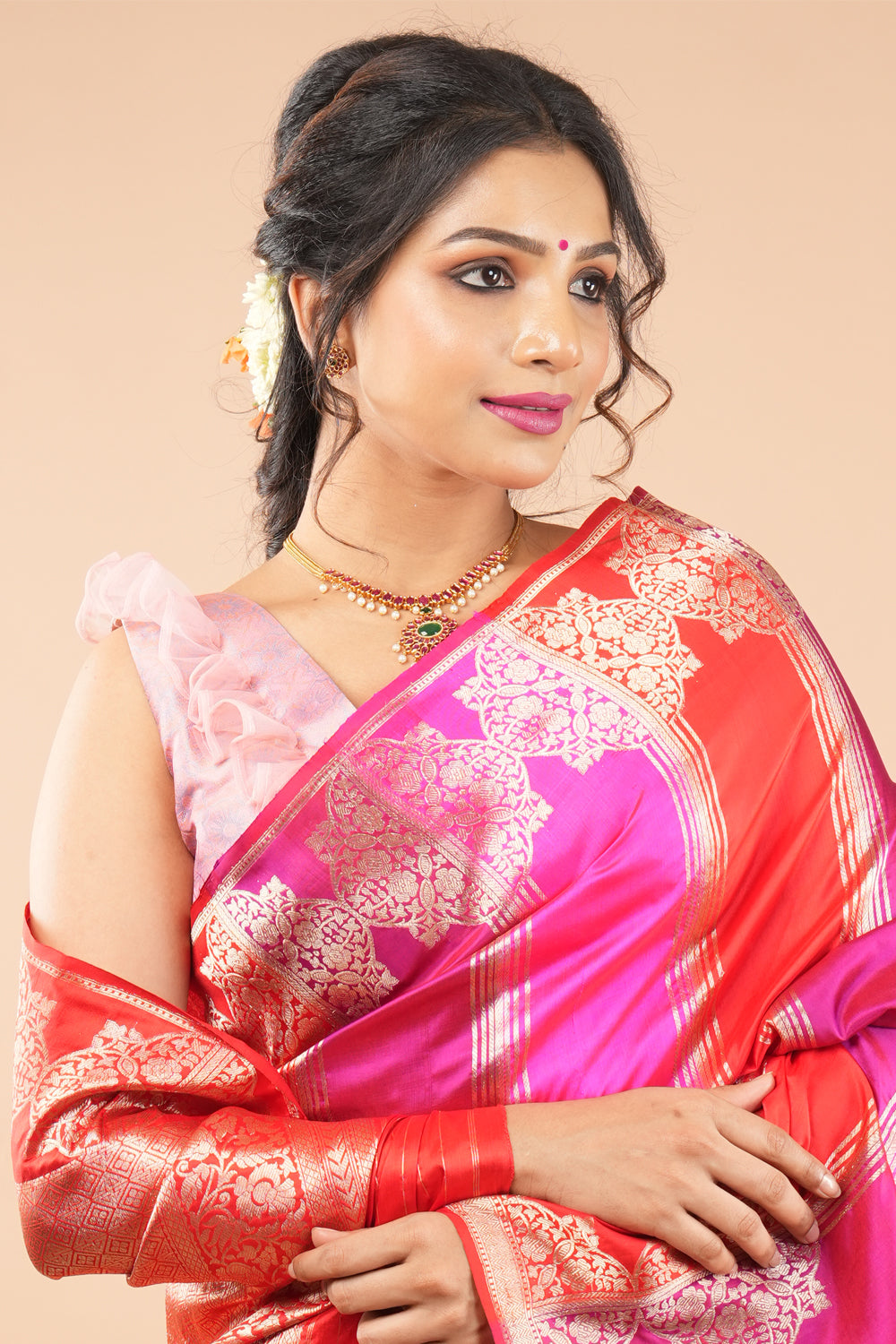 Pure kanjivaram meenakari silk brocade blouse in pastel pink with frill detailing