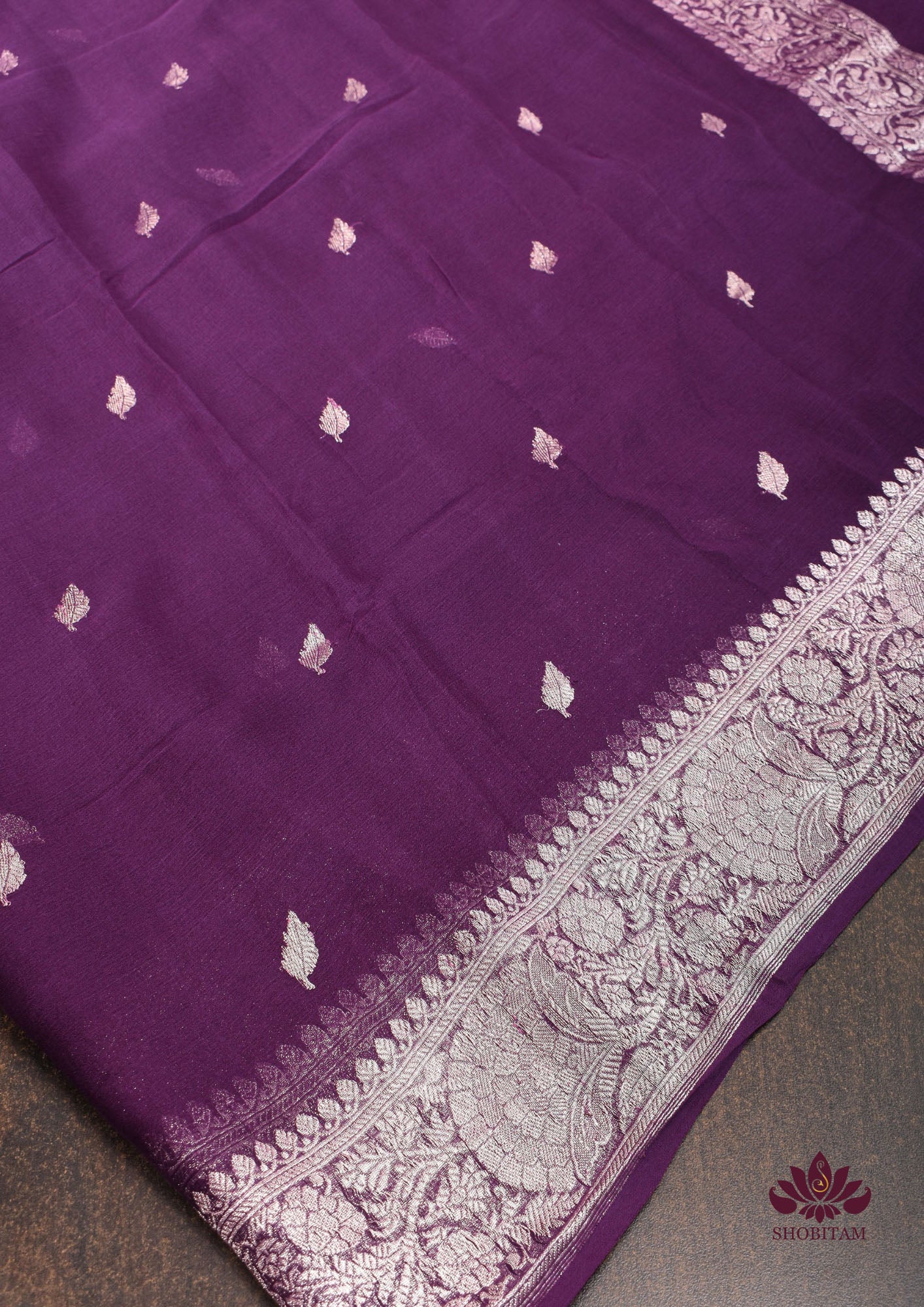 Preorder: Pure Silk Chiffon Saree in Eggplant Purple with Silver Tone Zari Buttas & Zari Border | SILK MARK CERTIFIED