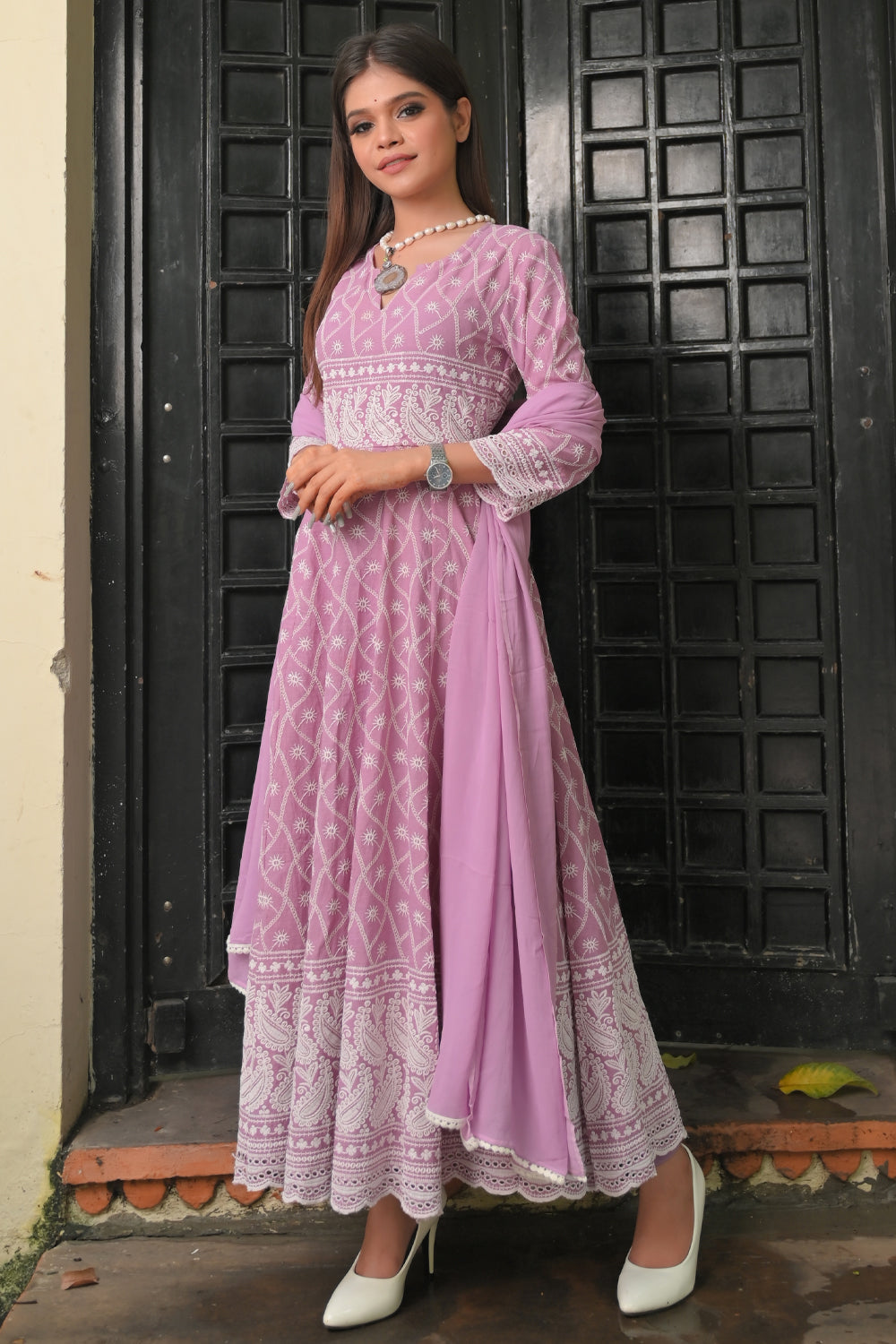 Orchid Chikankari Style Anarkali 3 PIece Set for Women, Kid Twinning option available | Made To Order