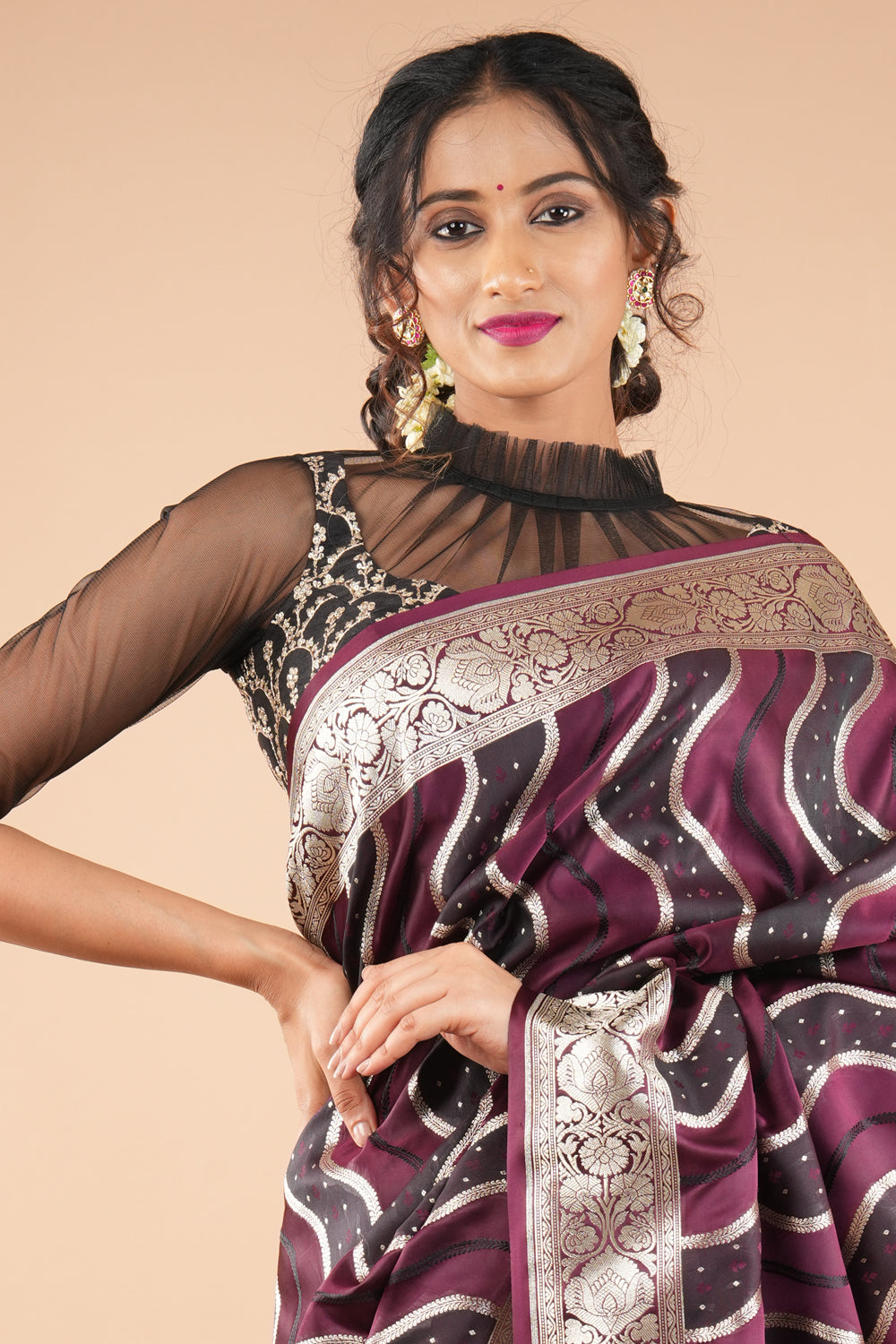 Black embroidered blouse with net gathered yoke and scalloped front base