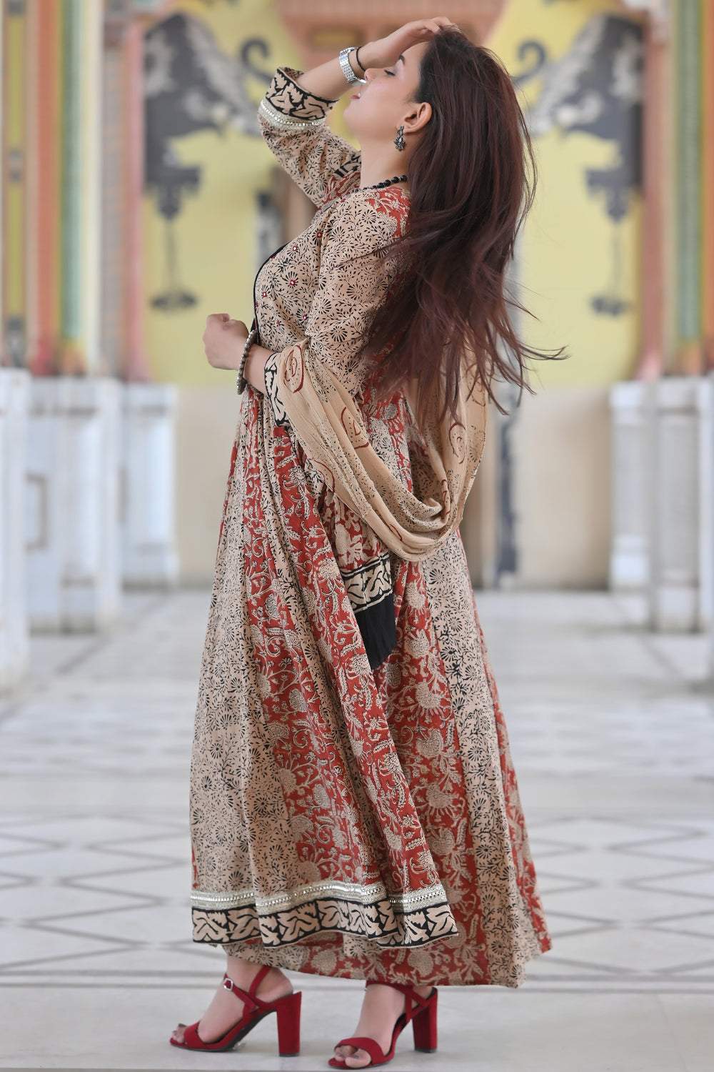 Angrakha Kalidaar Anarkali in earthly shades with chiffon dupatta - 3 piece set | Made to Order