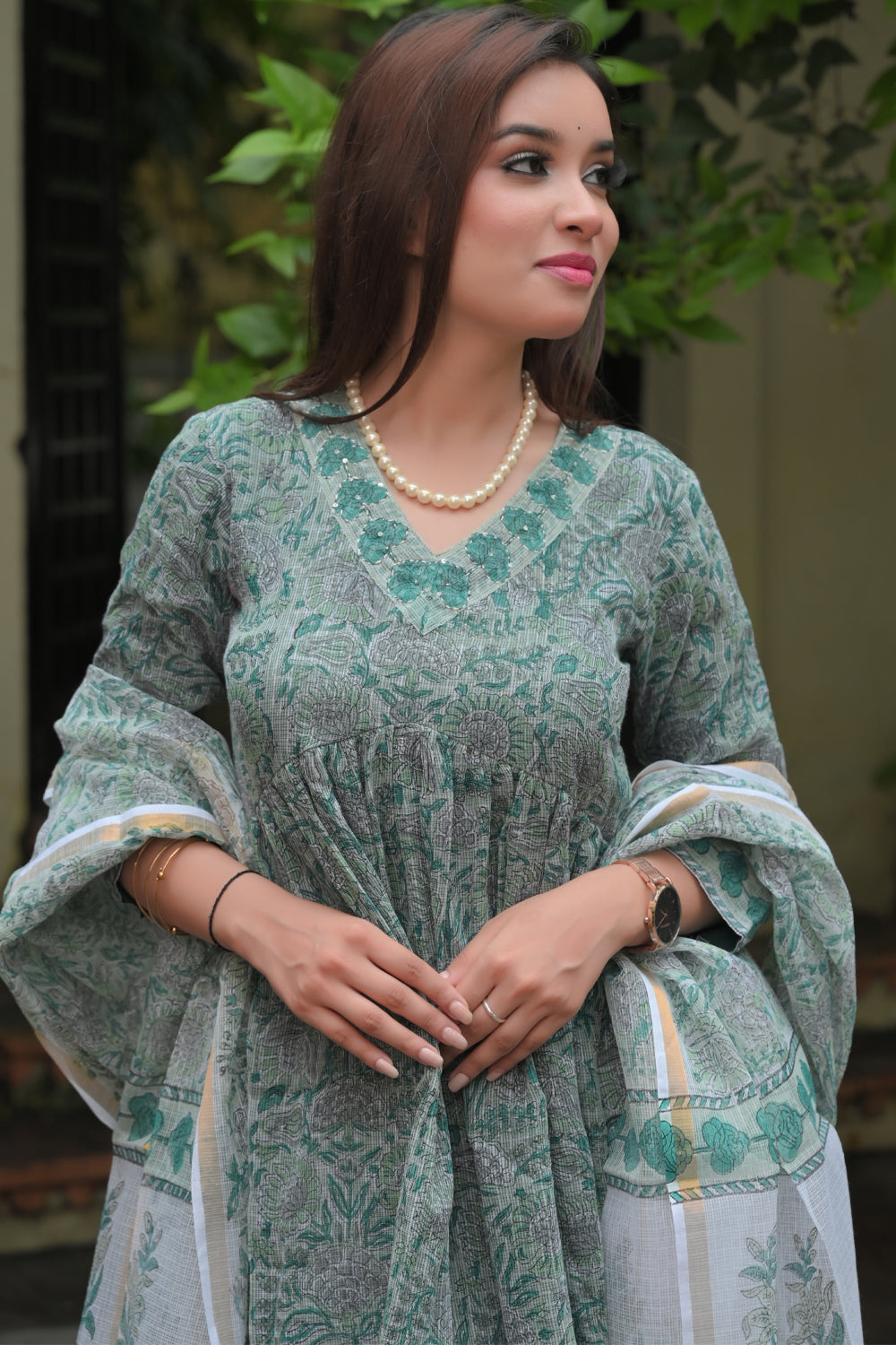 Dahlia Kota Doria 3 piece Suit in shades of green | Made To Order