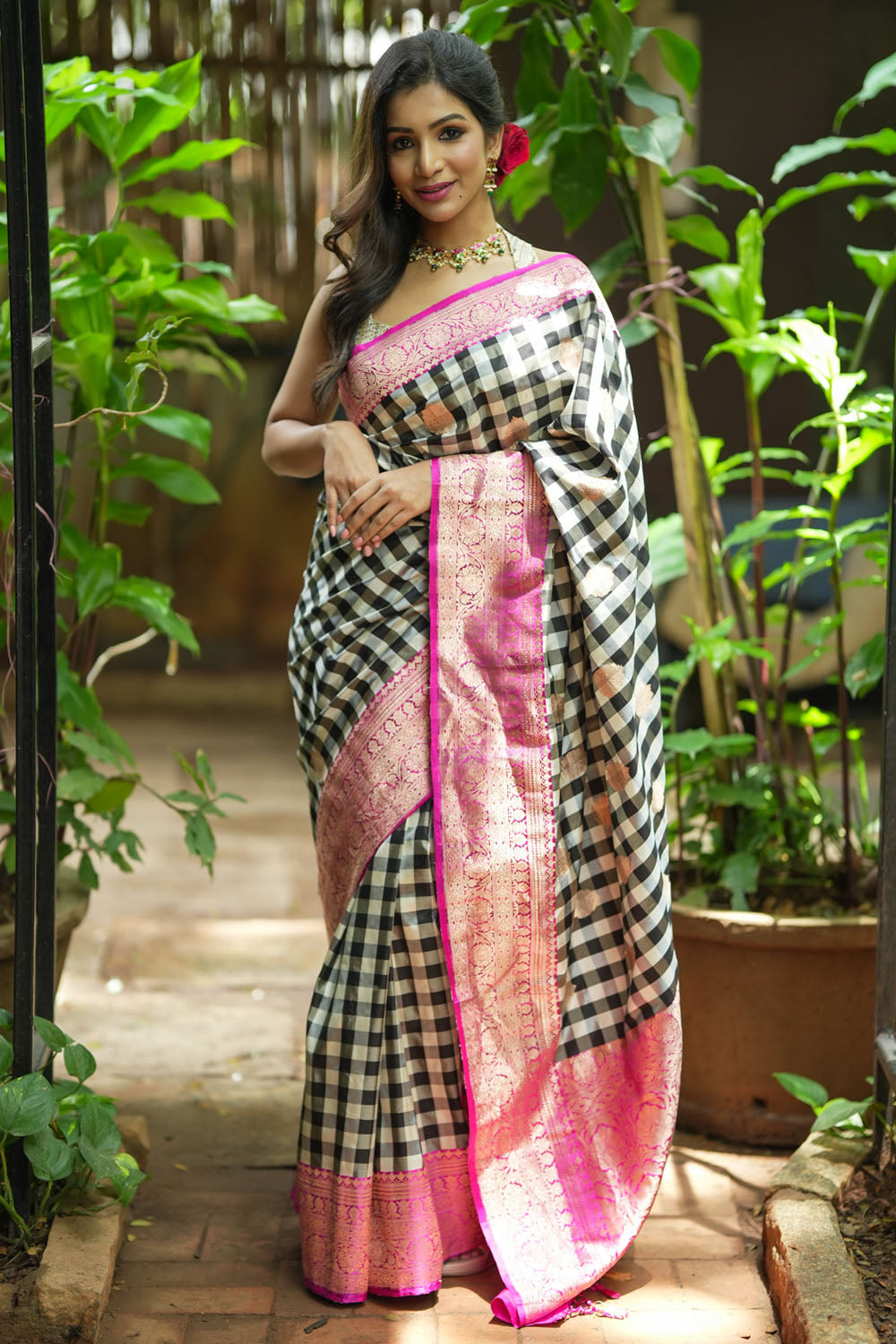 Pure Katan Silk Banarasi Saree in Black and White Checks with Contrasting Pink Borders | SILK MARK CERTIFIED