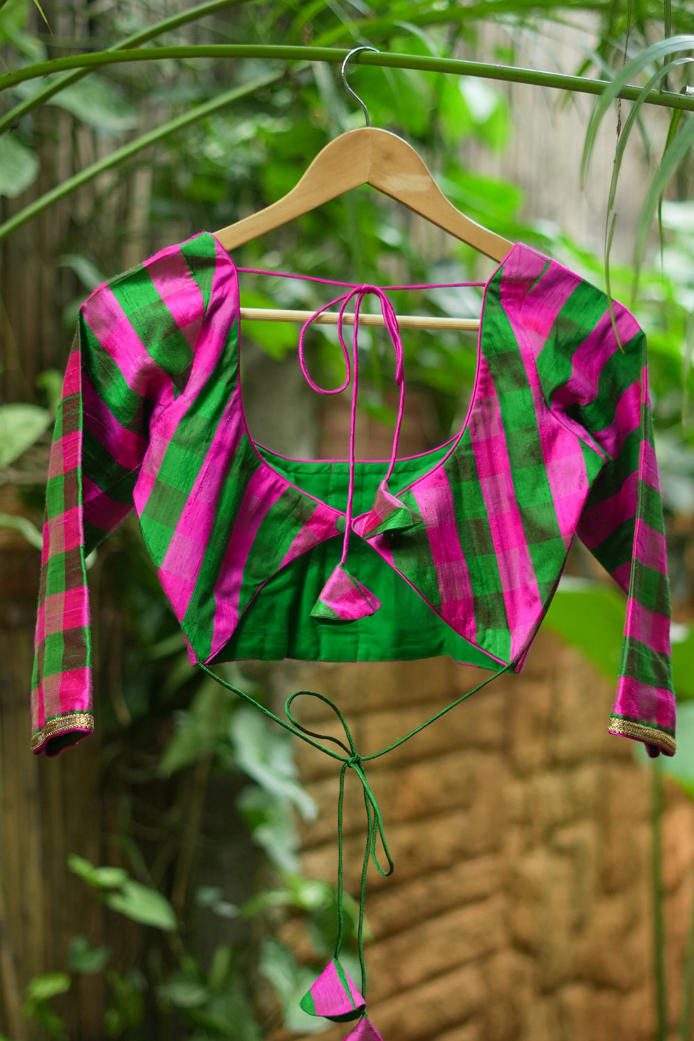 Emerald green pink checked pure rawsilk U neck blouse