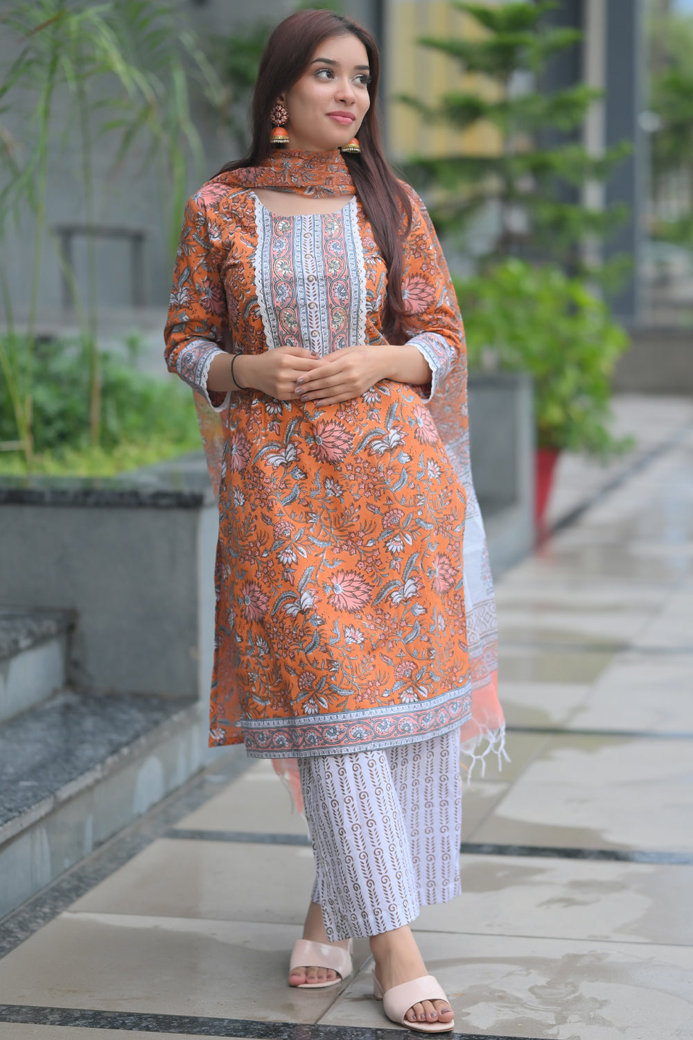 Tangerine Floral Suit with Kota Doria Dupatta | Made To Order