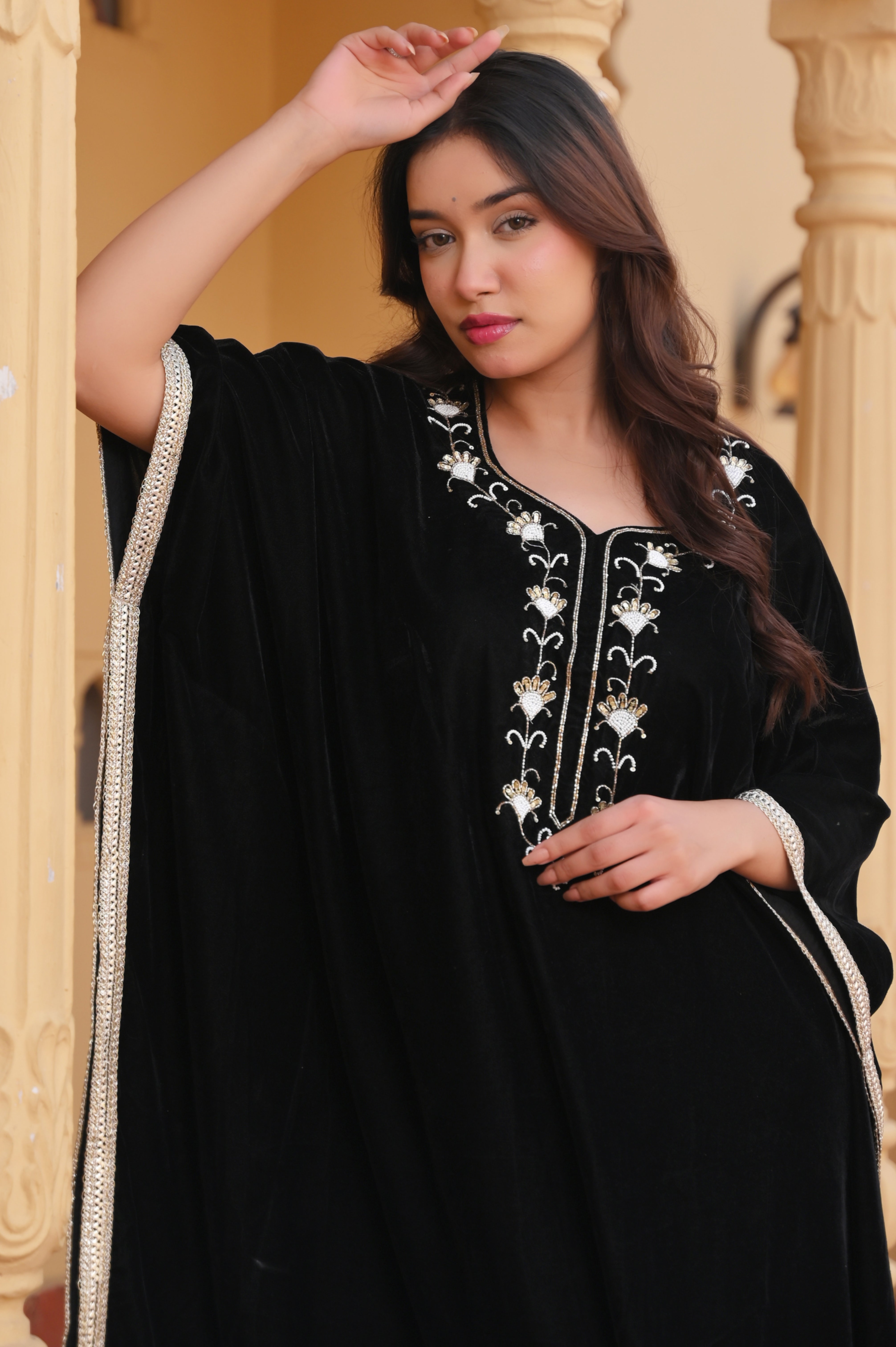 Zeenat Velvet Kaftan with lace border detailing in Black | Made To Order