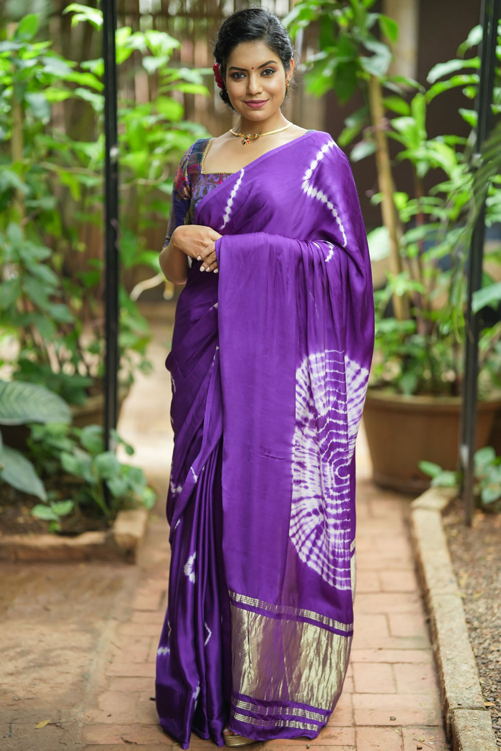 Hand Shibori Dye on Purple Modal Silk Saree with Crushed Pallu