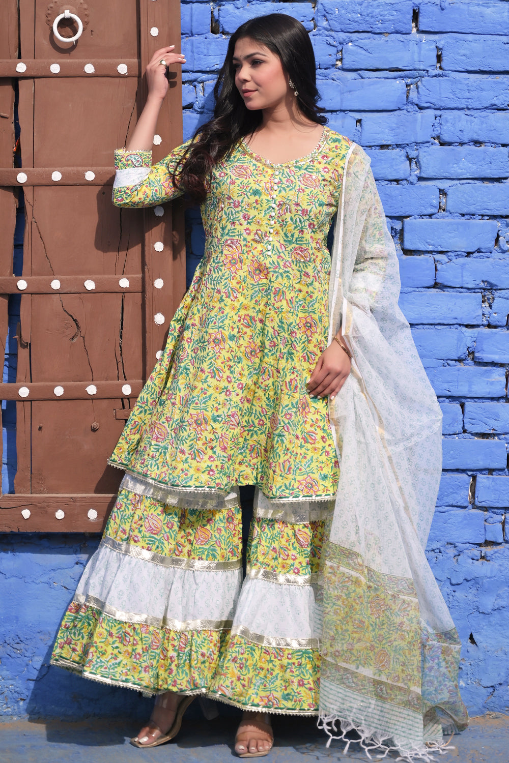 Lime Lotus Kurti and flair Sharara Cotton Set with Lace detailing border| Made To Order