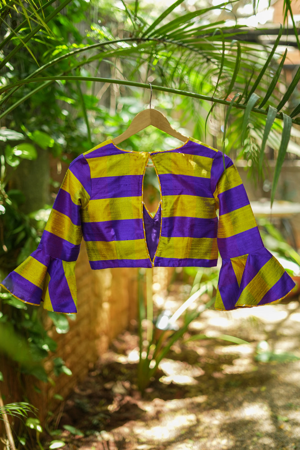 Yellow purple bold stripes design pure raw silk V neck blouse with bell sleeves