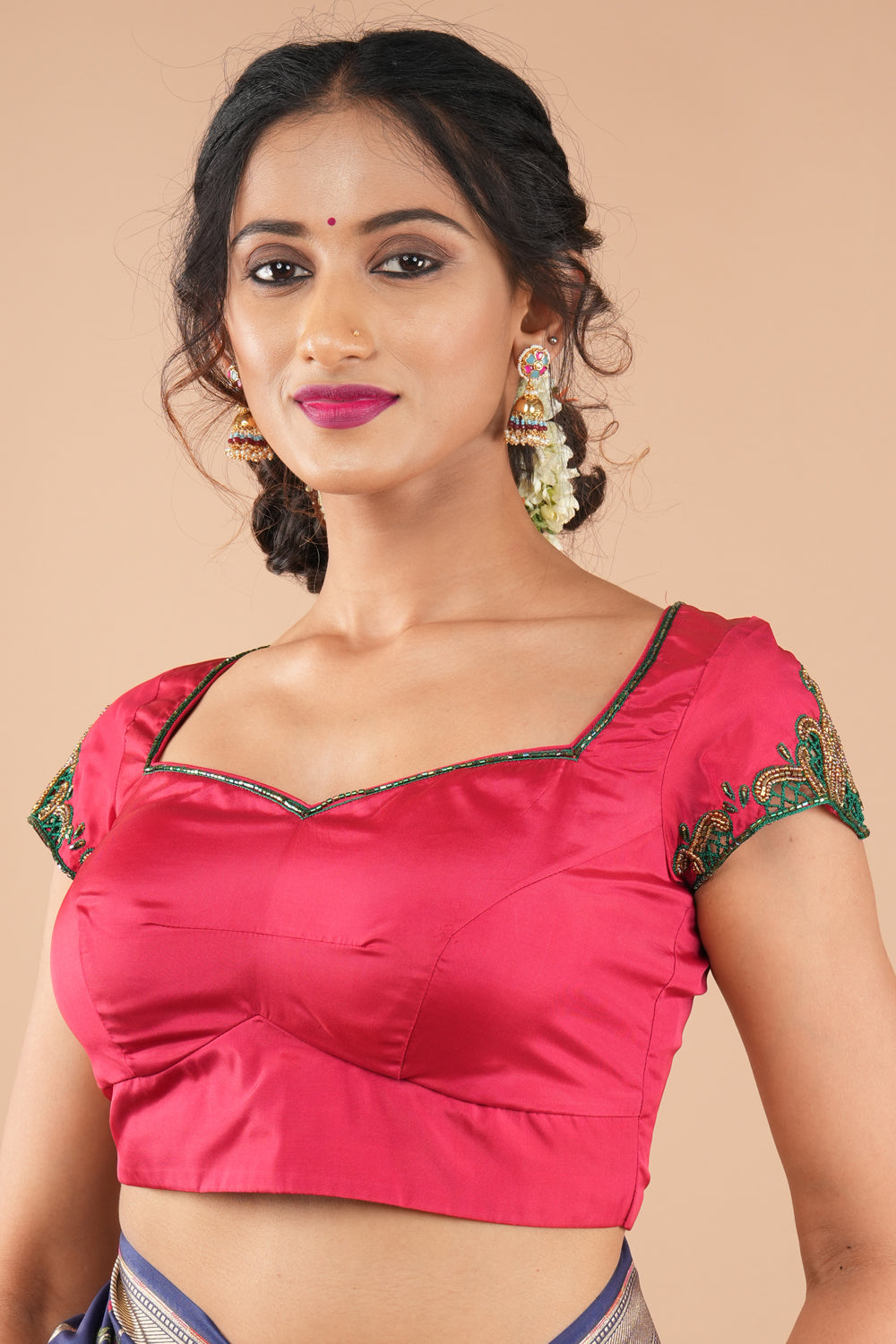 Silk blouse with hand cutwork on sleeves, colours customizable.
