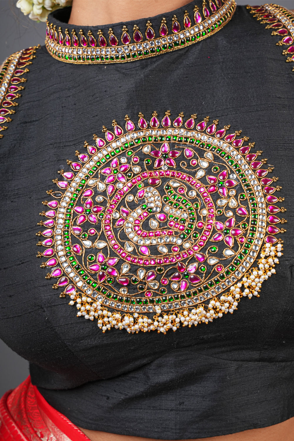 Statement Black Halter Neck Pure Raw Silk Blouse with Kemp Handwork Mandala, Made to Order